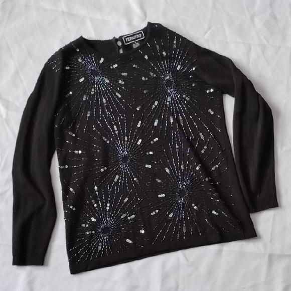 Vintage Sweaters - Vintage Beaded Terazzo Size Small Sweater Beads Sequins 90s 80s